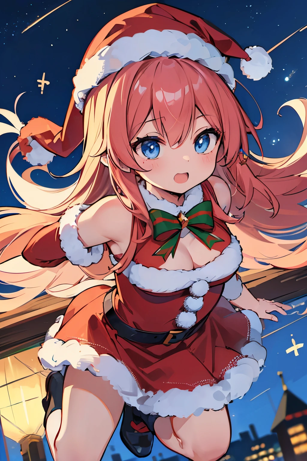 (Masterpiece: 1.3), Let's survive the busy Christmas Eve with the strongest equipment, I will give you a secret spell, "↑↑↓↓←→←→BA", (Flying in the sky: 1.7), Present, Midnight when the lights are on Town, freezing cold sky, a woman dressed as a Santa hat jumps in the air over a city, 1girl, Santa hat, hat, long hair, Santa costume, solo, moon, blue eyes, breasts