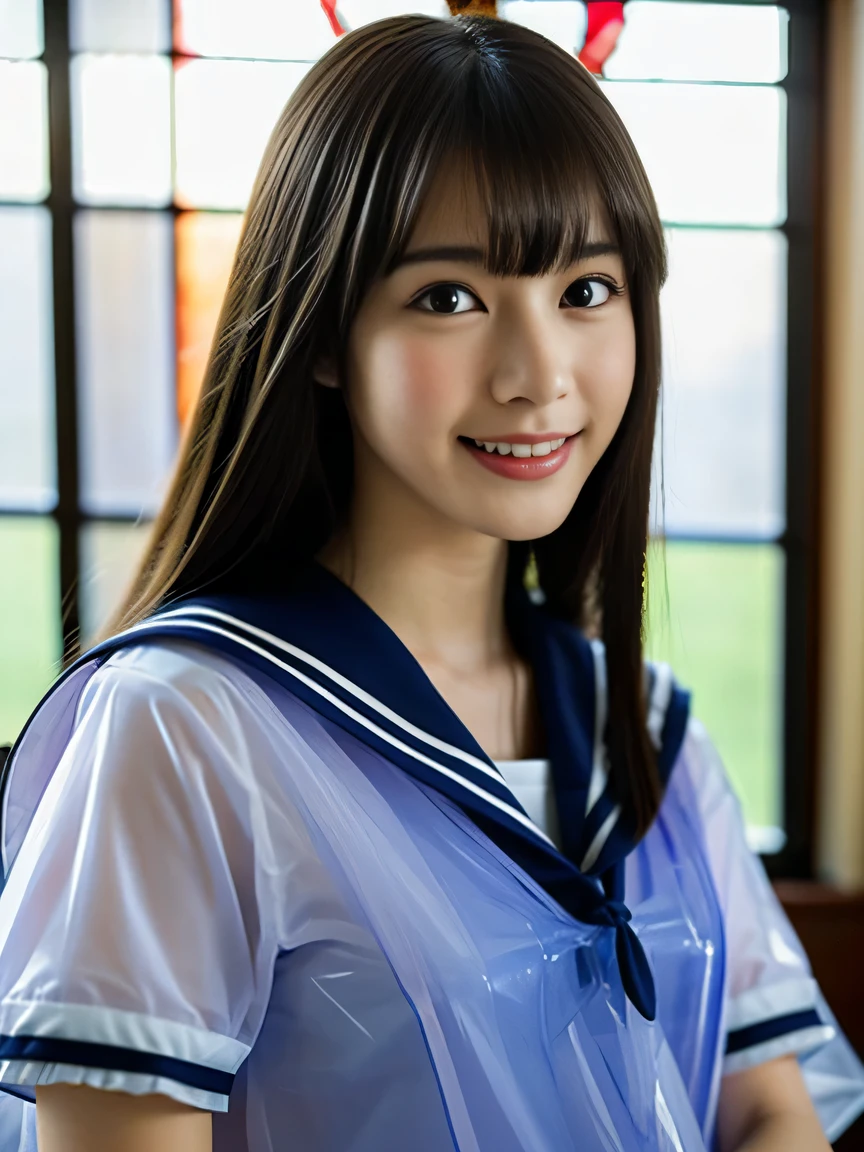 (highest quality,masterpiece:1.3,ultra high resolution),(Super detailed、caustics) (Photoreal:1.4, RAW shooting、)ultra-realistic capture、very detailed、natural skin texture、masterpiece、(junior high school sailor suit:1.3)、1 Japanese girl、adorable expression、expression of happiness、14 years old、young face、surprisingly cute、twin tails、curly hair、black hair、Scrunchie、light makeup、Big breasts that are about to burst、Sit on a chair and open your legs to the left and right、Filmed in a junior high school classroom、Shining thighs、summer sunshine、smile、inviting gaze、White panties