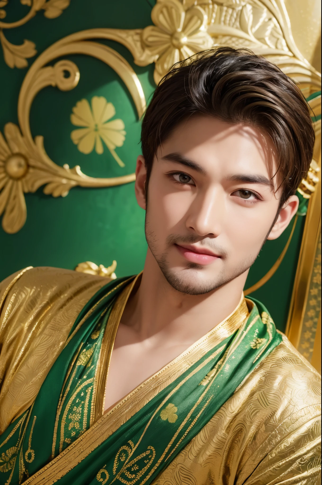 Draw a handsome guy with an eastern face. The left eye pupil is green with a clover pattern inside, and the right eye pupil is golden with a gold ingot pattern inside. The left corner of the eye emits green divine light, while the right eye emits golden divine light, and he smiles with a nonchalant look.