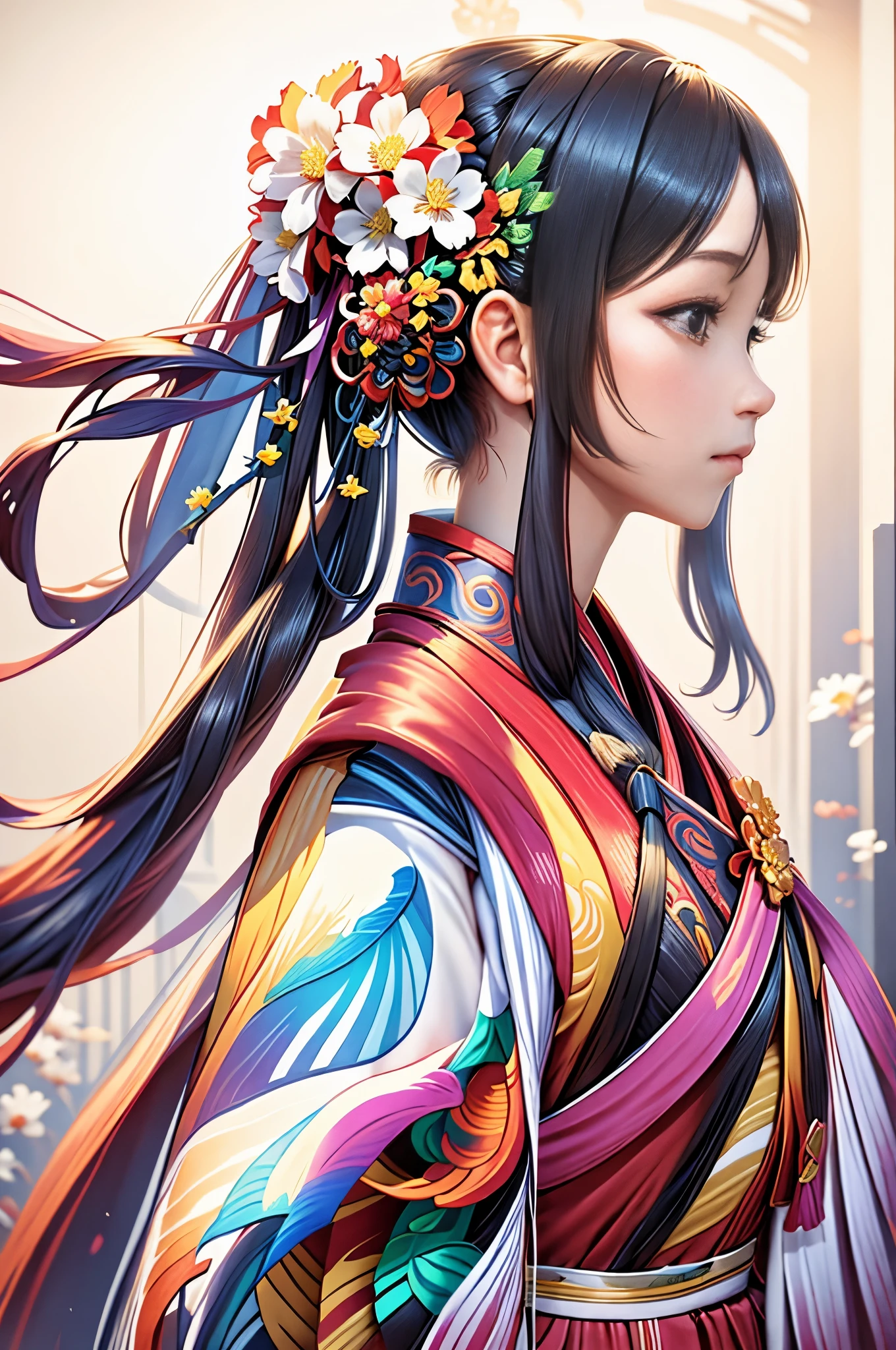 National style beauty,Colorful Phoenix Embroidered Hanfu,Little flowers on long hair,simplebackground
