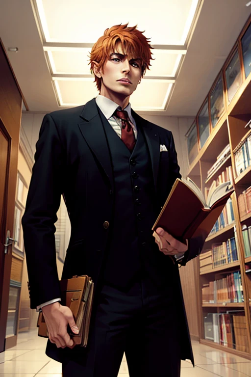 An orange haired man with orange eyes and fox ears is reading a book in a library in a victorian suit