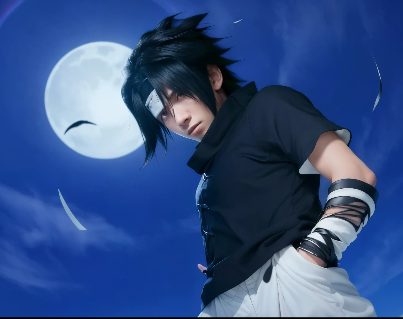 8k image of a man with a black shirt and white pants, sasuke uchiha
