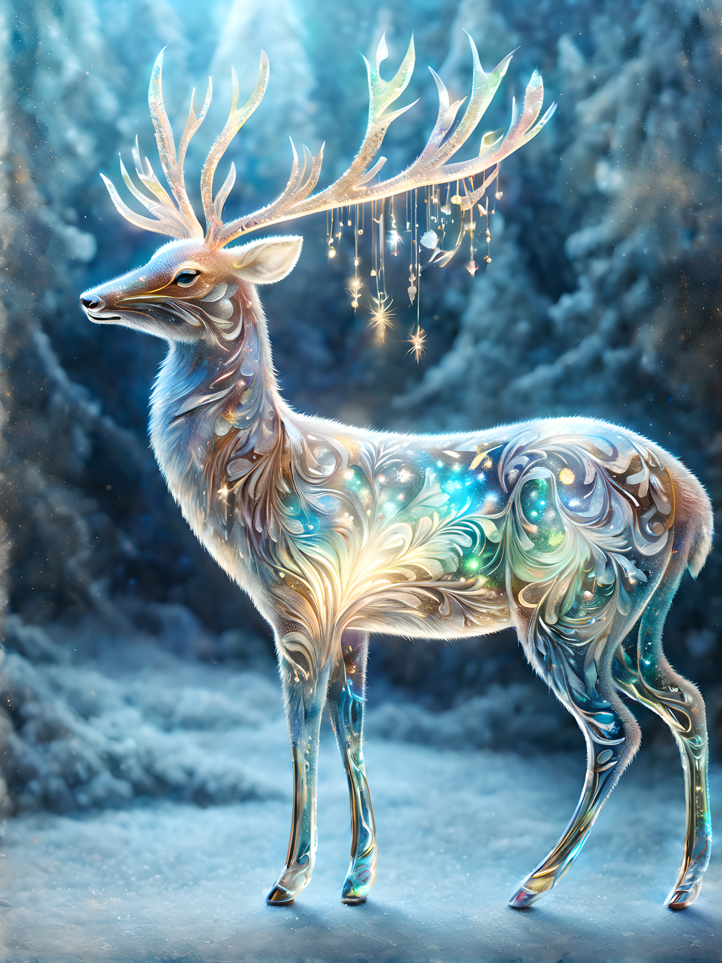 extremely delicate iridiscent deer made of glass, translucent, tiny golden accents, beautifully and intricately detailed, ethereal glow, whimsical, art by Mschiffer, best quality, glass art, magical holographic glow , Watercolor, trending on artstation, sharp focus, studio photo, intricate details, highly detailed, by greg rutkowski