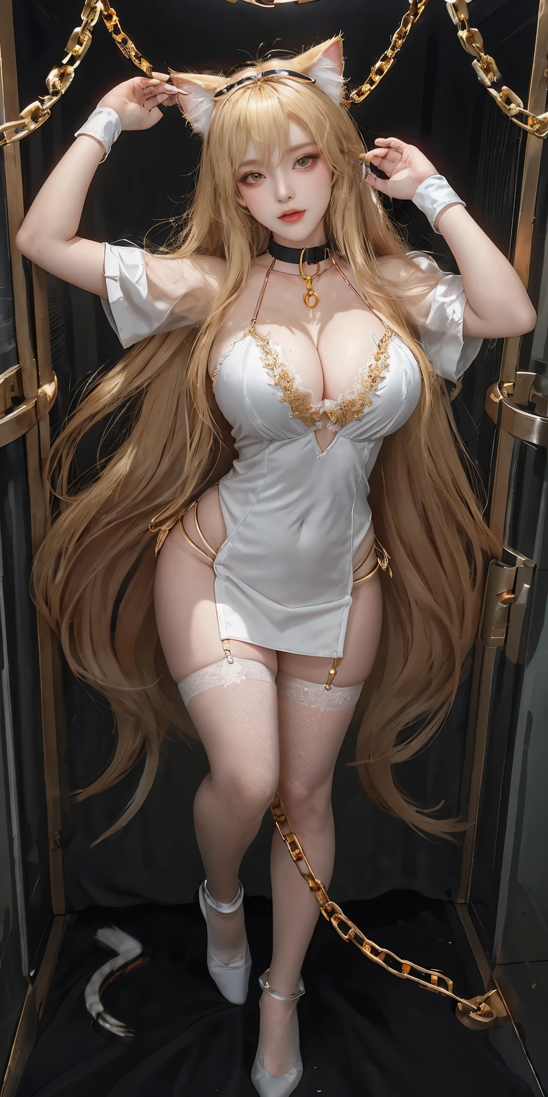 full body standing straight symmetrical, huge boob,Best picture quality,busty figure,Lieyang red lipquisite facial features,Charming sexy beauty,Wearing white erotic lingerie,Wearing black silk fishnet socks,Handcuffs on their hands,With a collar around the neck,,Wavy blonde,Get wet,high high quality,best qualtiy,Wear cat ears on the head,Trapped in a cage,There are chains wrapped around the body, (Locking metal collar and shackles, golden chains)