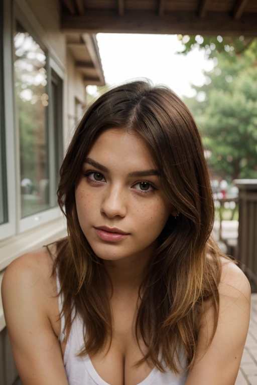 A Beautiful Young Woman with freckles Dirty Blonde hair and Deep Brown eyes