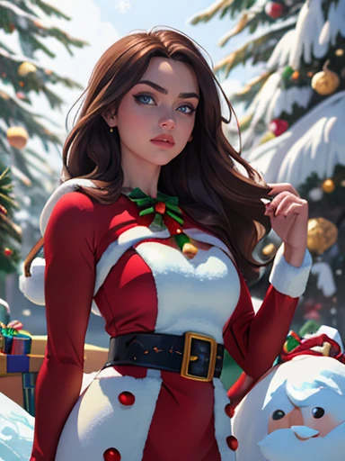 (Hermosa mujer)，Navidad，Un cabello oscuro，Bobsleigh medio，(Vestido con el traje de Santa Claus:1.4), More detailed 8K.motor irreal:1.4,UHD,La mejor calidad:1.4, fotorrealista:1.4, textura de la piel:1.4, obra maestra:1.8,obra-prima, mejor calidad,objeto Objeto], (detailed face features:1.3),(bosque congelado nieve:1.4),posing for camera:1.4), (manos Detallado:1.4),Minifalda roja :1.4), brown hair (((blue eyes))), ana de armas, ((long brown hair with blue eyes)), hair with many details, beautiful neckline, 8k artgerm bokeh, fanart best artstation, render photorealistic girl, art in the style of guweiz, inspired by WLOP, ig model | artgerm, deviantart artstation cgscosiety,  Christmas background