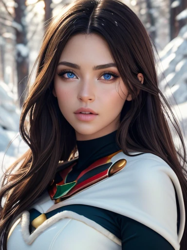 (Hermosa mujer)，Navidad，Un cabello oscuro，Bobsleigh medio，(Vestido con el traje de Santa Claus:1.4), More detailed 8K.motor irreal:1.4,UHD,La mejor calidad:1.4, fotorrealista:1.4, textura de la piel:1.4, obra maestra:1.8,obra-prima, mejor calidad,objeto Objeto], (detailed face features:1.3),(bosque congelado nieve:1.4),posing for camera:1.4), (manos Detallado:1.4),Minifalda roja :1.4), brown hair (((blue eyes))), ana de armas, ((long brown hair with blue eyes)), hair with many details, beautiful neckline, 8k artgerm bokeh, fanart best artstation, render photorealistic girl, art in the style of guweiz, inspired by WLOP, ig model | artgerm, deviantart artstation cgscosiety,  Christmas background