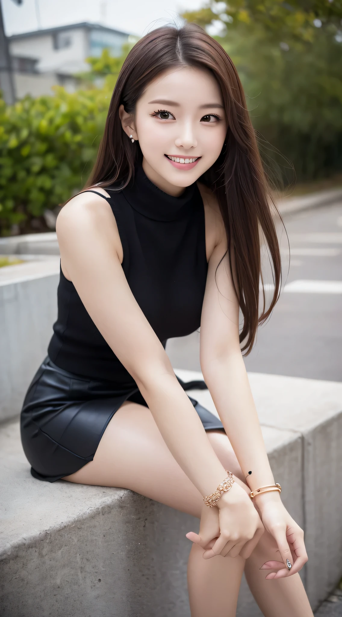 ((Best quality, 8k, Masterpiece :1.3)), 1girl, smiling, full body, slim face, Pretty woman, (Dark brown hair), full length dress :1.1, Ultra-detailed face, Detailed eyes, Double eyelid, blur background, slim face, city, outside, street,