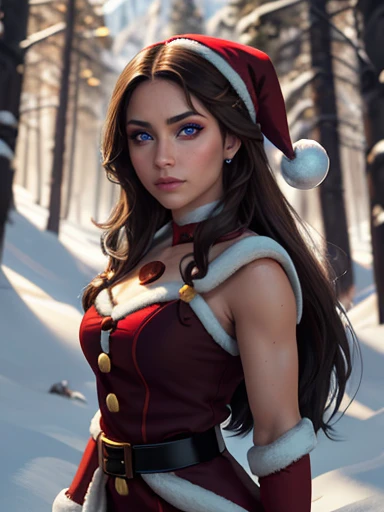 (Hermosa mujer)，Navidad，Un cabello oscuro，Bobsleigh medio，(Vestido con el traje de Santa Claus:1.4), More detailed 8K.motor irreal:1.4,UHD,La mejor calidad:1.4, fotorrealista:1.4, textura de la piel:1.4, obra maestra:1.8,obra-prima, mejor calidad,objeto Objeto], (detailed face features:1.3),(bosque congelado nieve:1.4),posing for camera:1.4), (manos Detallado:1.4),Minifalda roja :1.4), brown hair (((blue eyes))), ana de armas, ((long brown hair with blue eyes)), hair with many details, beautiful neckline, 8k artgerm bokeh, fanart best artstation, render photorealistic girl, art in the style of guweiz, inspired by WLOP, ig model | artgerm, deviantart artstation cgscosiety,  Christmas background