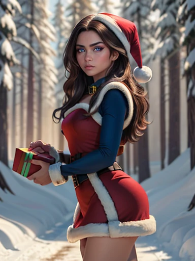 (Hermosa mujer)，Navidad，Un cabello oscuro，Bobsleigh medio，(Vestido con el traje de Santa Claus:1.4), More detailed 8K.motor irreal:1.4,UHD,La mejor calidad:1.4, fotorrealista:1.4, textura de la piel:1.4, obra maestra:1.8,obra-prima, mejor calidad,objeto Objeto], (detailed face features:1.3),(bosque congelado nieve:1.4),posing for camera:1.4), (manos Detallado:1.4),Minifalda roja :1.4), brown hair (((blue eyes))), ana de armas, ((long brown hair with blue eyes)), hair with many details, beautiful neckline, 8k artgerm bokeh, fanart best artstation, render photorealistic girl, art in the style of guweiz, inspired by WLOP, ig model | artgerm, deviantart artstation cgscosiety,  Christmas background