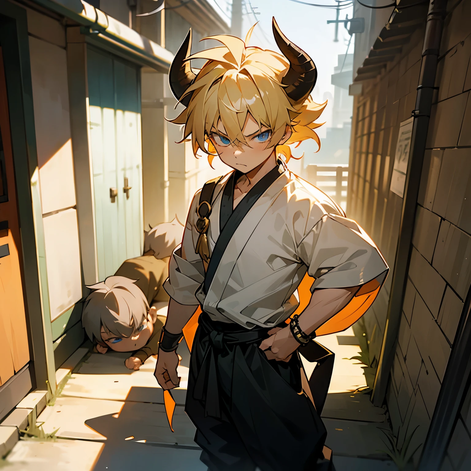 1male , Young Male , Child Male , Muscular , Blonde Hair , Blue Eyes , Ox Horns , Serious Expression , Gon Hair , Messy Hair ,White Martial Arts Clothing, Standing in alleyway , Sunny Day , Baggy Black Pants , Bracelets , Super Saiyan Hair , Super Saiyan , Bull Horn , sole male