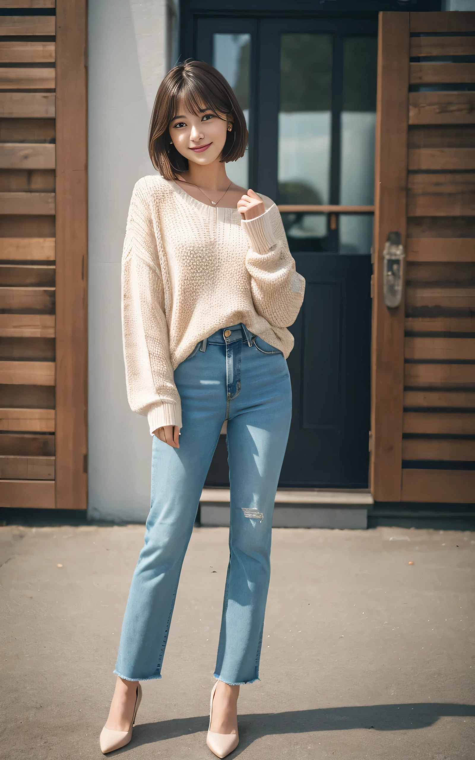 masutepiece, Best Quality, 8K, 1 girl, 20 yo, Closed mouth, Smile, Full body, (Full body:1.4), Solo, Cute, Girly, Delicate girl, Neat and clean beauty, Raw photo, Professional Photography, Portrait, Soft light, Professional Lighting, Back lighting, Look away, looking at away, Sophisticated, Film grain, (Eyes and faces with detailed:1.0), Short-length floating hair, Beautiful flowing hair, Bangs, Sweaters, Jeans pants