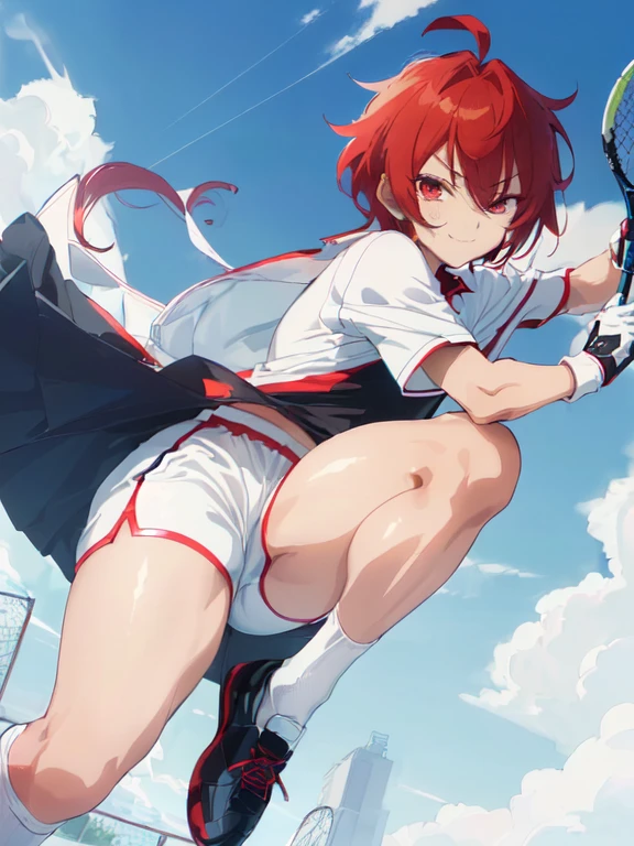 (((Official art,superfine illustration,hight resolution, 4K, 8K, hight resolution, masutepiece, best qualtiy,Best Quality:1.3))), (A little boy),12 years old, A young tennis idol with a cute face.,A boy who looks like the prince of tennis、 Standing, Cool handsome face with smile, White Tennis Shoes、 Long legs, thighs thighs thighs thighs, Foots, Bulge, (dark red hair、)、 Short,spiky hair、Shiny hair, boy with sharp eyes, (Tight, shiny white training suit、), (shiny tight tennis shorts), (Tennis Socks), tussock, Cool pose, (太いthighs thighs thighs thighs,Big buttocks),(((park tennis field)))、((cocky、Smirk、))、,Ultra-fine painting, ,(((Being aware of the sexual gaze of middle-aged gay men)))、Service Shots、(((Long leather gloves))),(((Anime-like coloring、Clearly emphasize the white part of the eyes、Super detailed eye expression))),