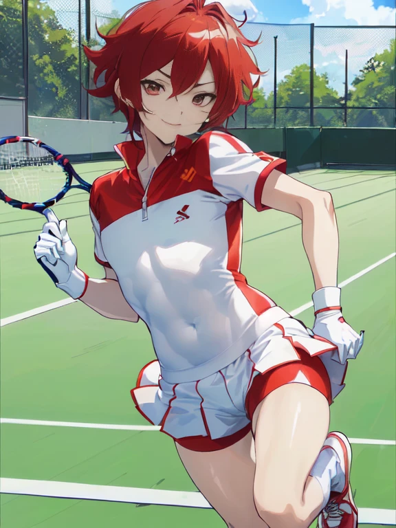 (((Official art,superfine illustration,hight resolution, 4K, 8K, hight resolution, masutepiece, best qualtiy,Best Quality:1.3))), (A little boy),12 years old, A young tennis idol with a cute face.,A boy who looks like the prince of tennis、 Standing, Cool handsome face with smile, White Tennis Shoes、 Long legs, thighs thighs thighs thighs, Foots, Bulge, (dark red hair、)、 Short,spiky hair、Shiny hair, boy with sharp eyes, (Tight, shiny white training suit、), (shiny tight tennis shorts), (Tennis Socks), tussock, Cool pose, (太いthighs thighs thighs thighs,Big buttocks),(((park tennis field)))、((cocky、Smirk、))、,Ultra-fine painting, ,(((Being aware of the sexual gaze of middle-aged gay men)))、Service Shots、(((Long leather gloves))),(((Anime-like coloring、Clearly emphasize the white part of the eyes、Super detailed eye expression))),