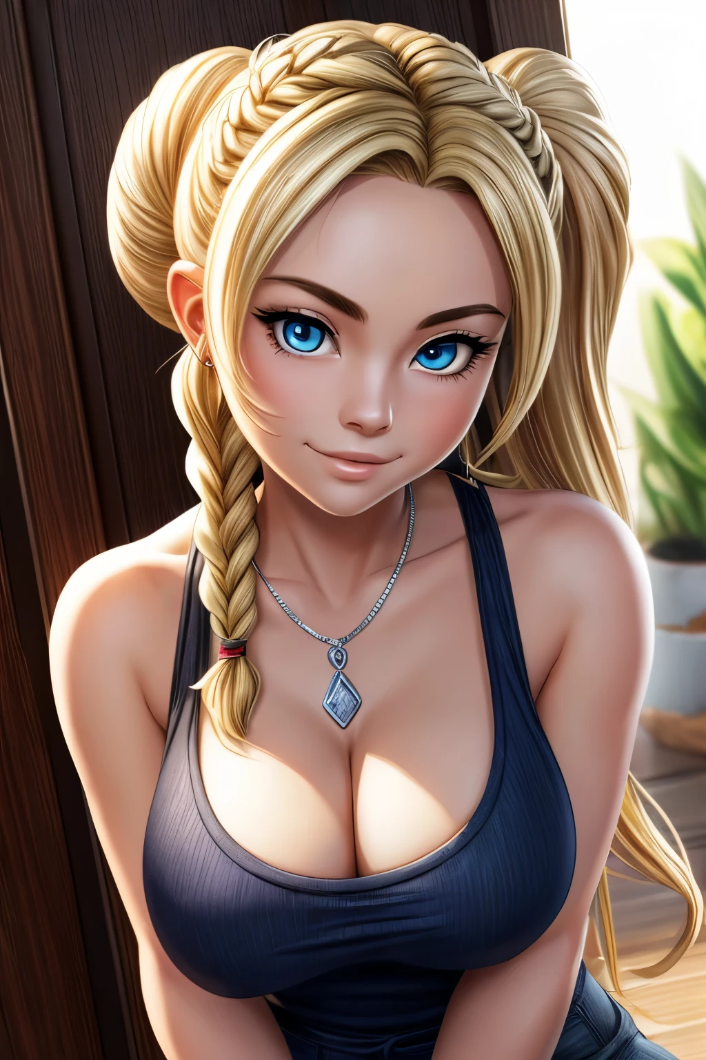((ultra quality)), ((tmasterpiece)), gnome girl, Short stature, ((blonde woman, hairlong, braided)), (silver ear rings), (silver necklace around the neck), (Beautiful cute face), (beautiful female lips), Charming, ((sexy facial expression)), looking at the camera smiling softly, eyes are slightly closed, (Skin color: white), Body glare, ((detailed beautiful female eyes)), ((dark blue eyes)), (juicy female lips), (beautiful female hands), (A bit full figure, bun), ((perfect female figure)), perfect female body, Beautiful waist, Gorgeous hips, Beautiful medium breasts, ((Subtle and beautiful)), seductively worth it (close-up of the face), (wearing black jeans, white tanktop) background: on the threshold of the house, Hot day, ((Depth of field)), ((high quality clear image)), (crisp details), ((higly detailed)), Realistic, Professional Photo Session, ((Clear Focus)), the anime