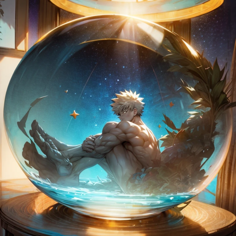 1boy inside glass, inside glass , in the transparent ball of glass, muscular buff male Bakugou Katsuki sitting inside a glass, happy, fantastical, sunny, shaded, colorful, stars,