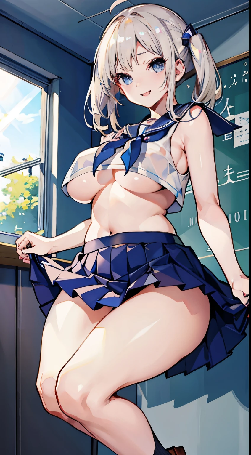 top-quality、realistic touch,high-detail、photoRealstic、thin-waist、captive beauty、big eye、solid platinum-blonde eyelashes、platinum-blonde、full body Esbian、Sparkling eyes、Submissive smile、Flushed cheeks、Kamimei、thin-waist、Voluptuous thighs、Enraptured look、Raked bangs、The forehead is protruding、In the classroom of the school、Random hairstyle、Navel look、She is in estrus、a sailor suit、cocky expression、Colossal tits、Super short skirt with V-line visible、Angle from below、Big breasts visible between uniform and stomach、sleeveless