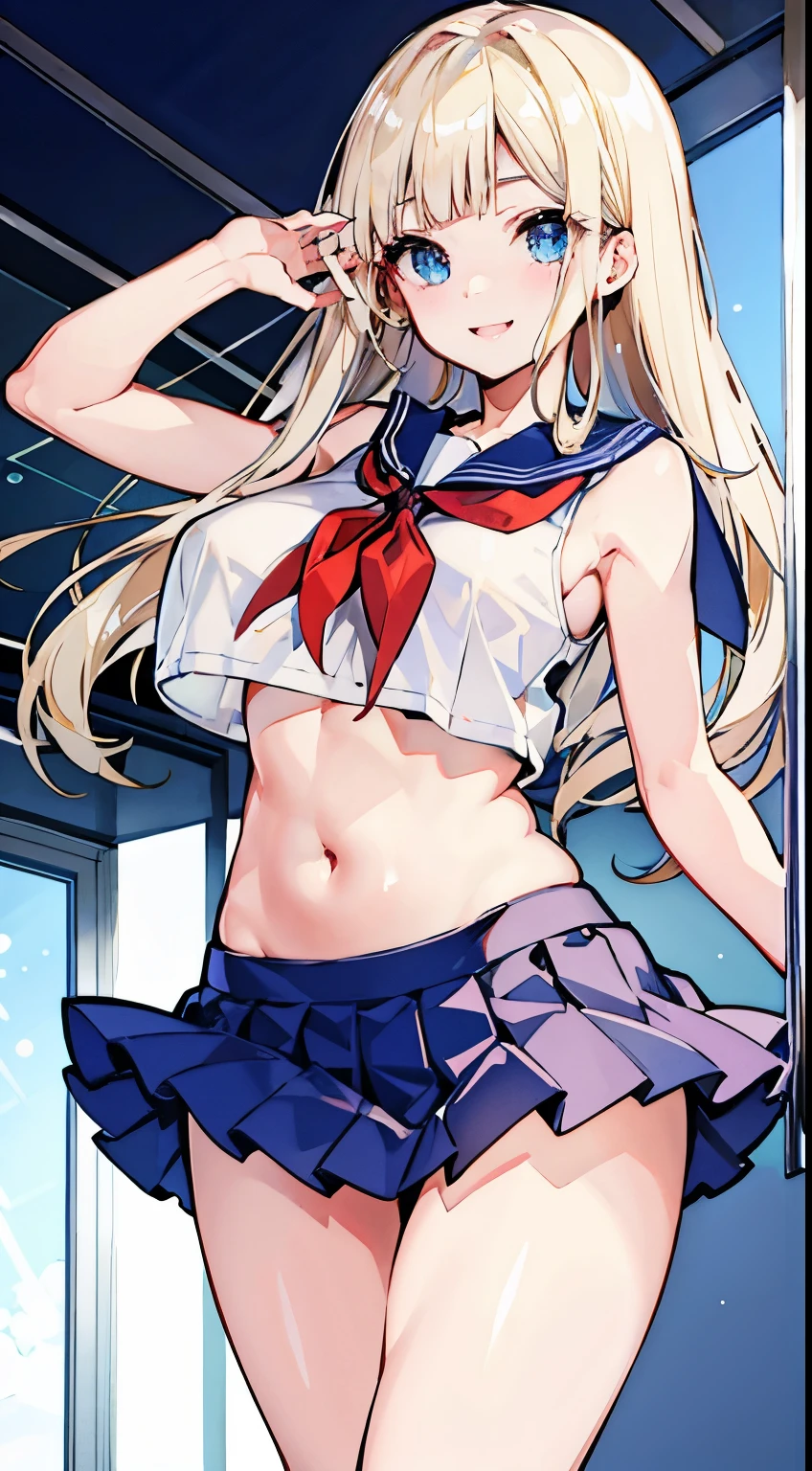 top-quality、realistic touch,high-detail、photoRealstic、thin-waist、captive beauty、big eye、solid platinum-blonde eyelashes、platinum-blonde、full body Esbian、Sparkling eyes、Submissive smile、Flushed cheeks、Kamimei、thin-waist、Voluptuous thighs、Enraptured look、Raked bangs、The forehead is protruding、In the classroom of the school、Random hairstyle、Navel look、She is in estrus、a sailor suit、cocky expression、Colossal tits、Super short skirt with V-line visible、Angle from below、Big breasts visible between uniform and stomach、sleeveless