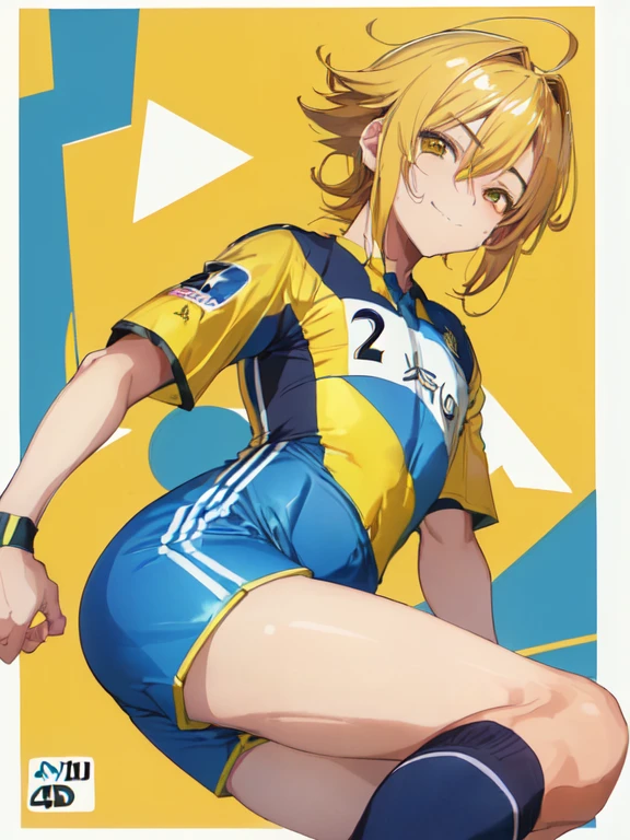 (((Official art,product art,superfine illustration,最hight resolution, masutepiece,best qualtiy,Best Quality,非常にdetailedsなCGユニティ8kの壁紙))),1boy,hightquality, detaileds, (A little boy),12 years old, A young ace striker male idol with a super cute face,beautiful young boy, Cool handsome face with smile, soccer spike, Long legs, thighs thighs thighs thighs, Foots, Bulge, (blondehair、)、 Short,spiky hair、Shiny hair, (yellow tight shiny soccer uniform suit), (tight soccer shorts),  tussock, Cool pose, (太いthighs thighs thighs thighs,big butts)、(((soccer field in the park)))、((cocky、))、Smirk、Spread legs,Ultra-fine painting, (Best Quality, 4K, 8K, hight resolution, masutepiece:1.2),(((Being aware of the sexual gaze of middle-aged gay men))).、Service Shots、