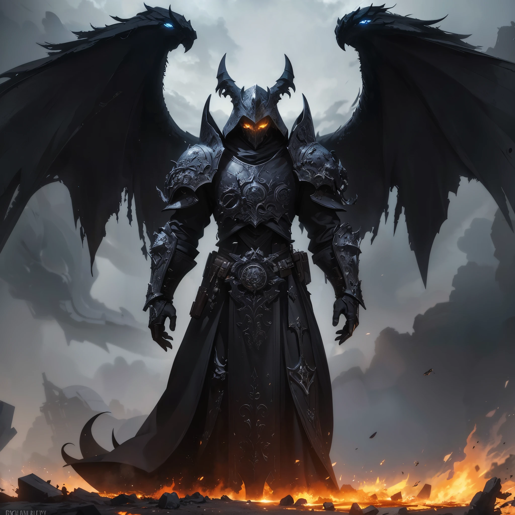 Western fantasy,Huge Storm Armor,towering helmet,high qulity, Complicated details,A high resolution,structurally correct,Tattered black cloak,Hand-held cannon,dark fog,burning demon wings,There is a black halo above the head,midynight,lightand shade contrast,Full body photo from the side,Dark fantasy style,Complicated detailantasyart,concept-art,character design,unreal-engine,Perfectcomposition,Cinematic lighting effects,cinematic shadow,Reasonable limbs,Steampunk scene,depth of fields,style of anime,日本style of anime