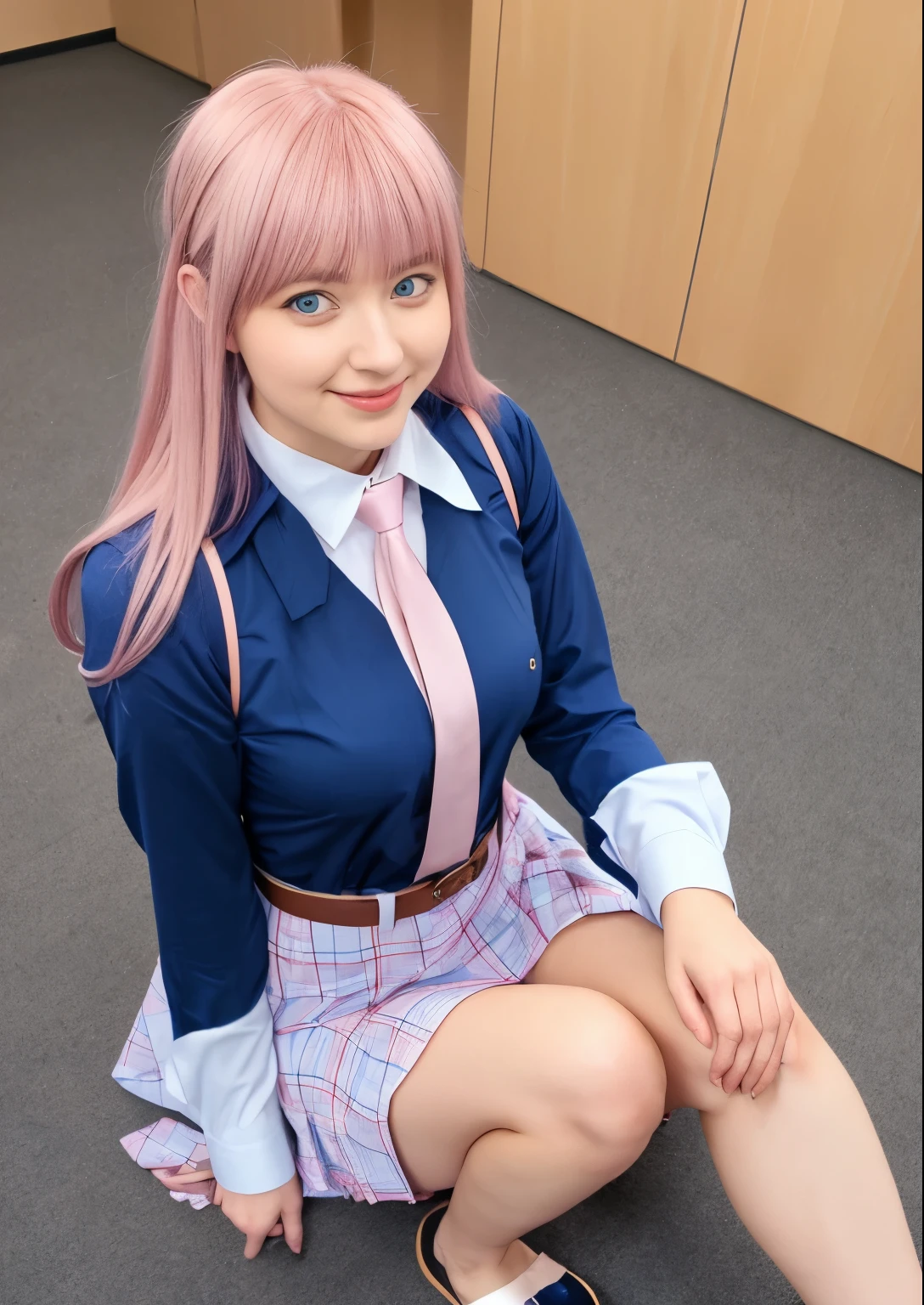 1girl, hoshino (blue archive), solo, heterochromia, pink hair, skirt, long hair, necktie, ahoge, shirt, halo, plaid skirt, blue eyes, plaid, looking at viewer, white shirt, sitting, orange eyes, chest harness, harness, long sleeves, id card, open mouth, very long hair, collared shirt, smile, blue necktie, bangs, feet out of frame, between legs, hand between legs, blush, hair between eyes, highres,masterpiece, best quality