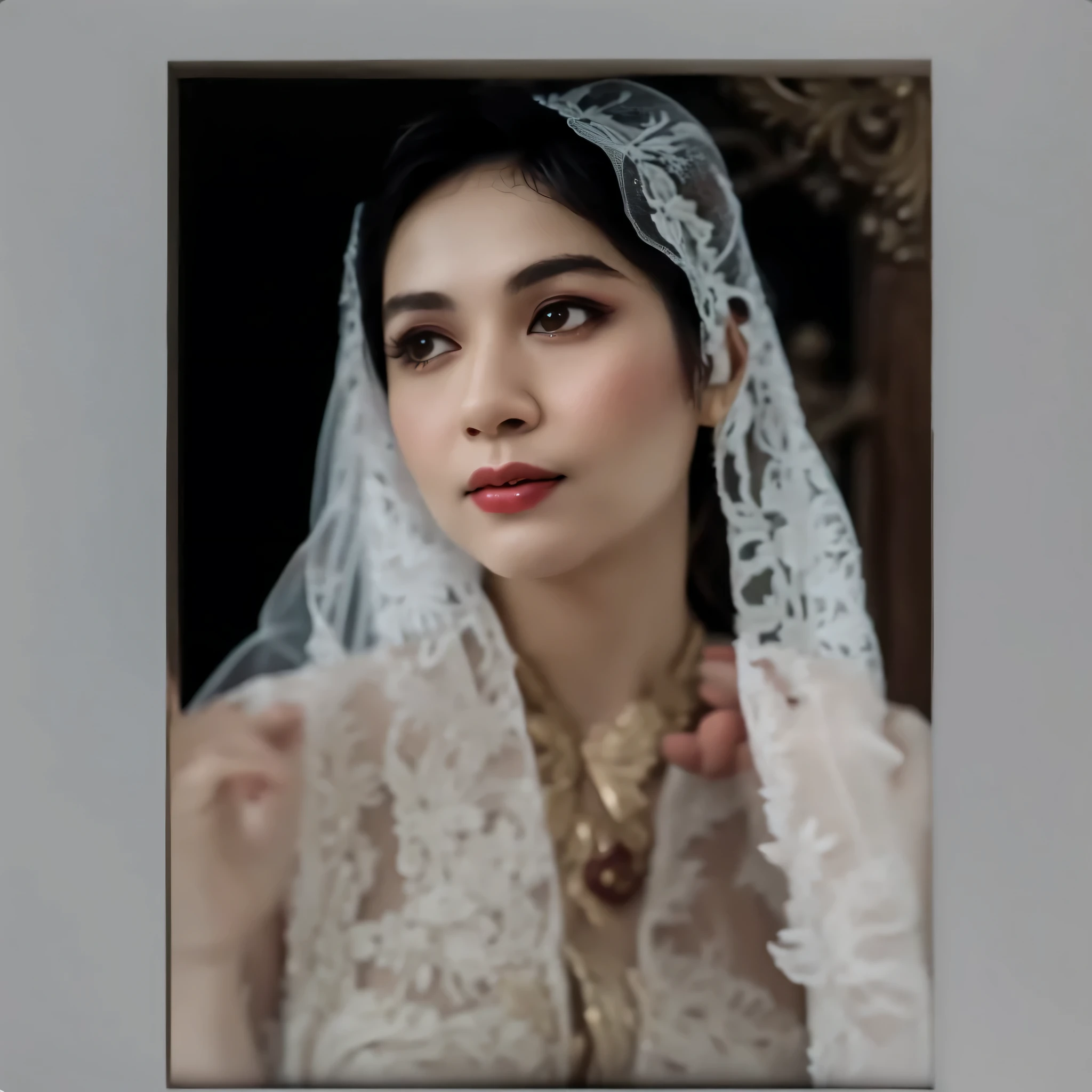 there is a woman wearing a lace veil and a veillet, wearing red kebaya, portrait of modern darna, traditional beauty, wearing translucent veils, center frame portrait, 60mm portrait, medium portrait soft light, dramatic portraiture of namenlos, close up potrait, photography portrait, portrait realistic photograph, color photograph portrait 4k, inspired by reyna rochin