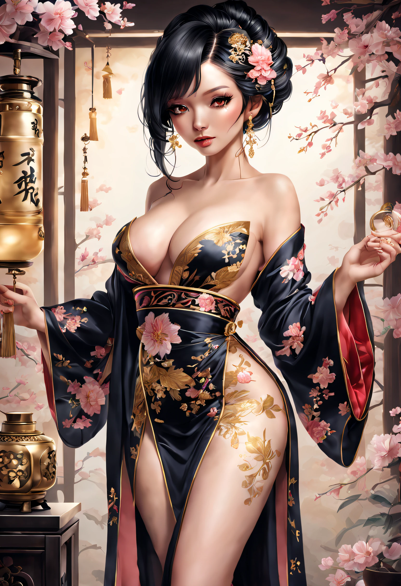 gorgeous oriental woman, silky black hair in an elaborate hairstyle, elegant embroidered kimono, sakura flower embroidery, gold details, full body shot, cleavage, bare shoulders, standing, large breasts, alchemist, strapless dress, vials