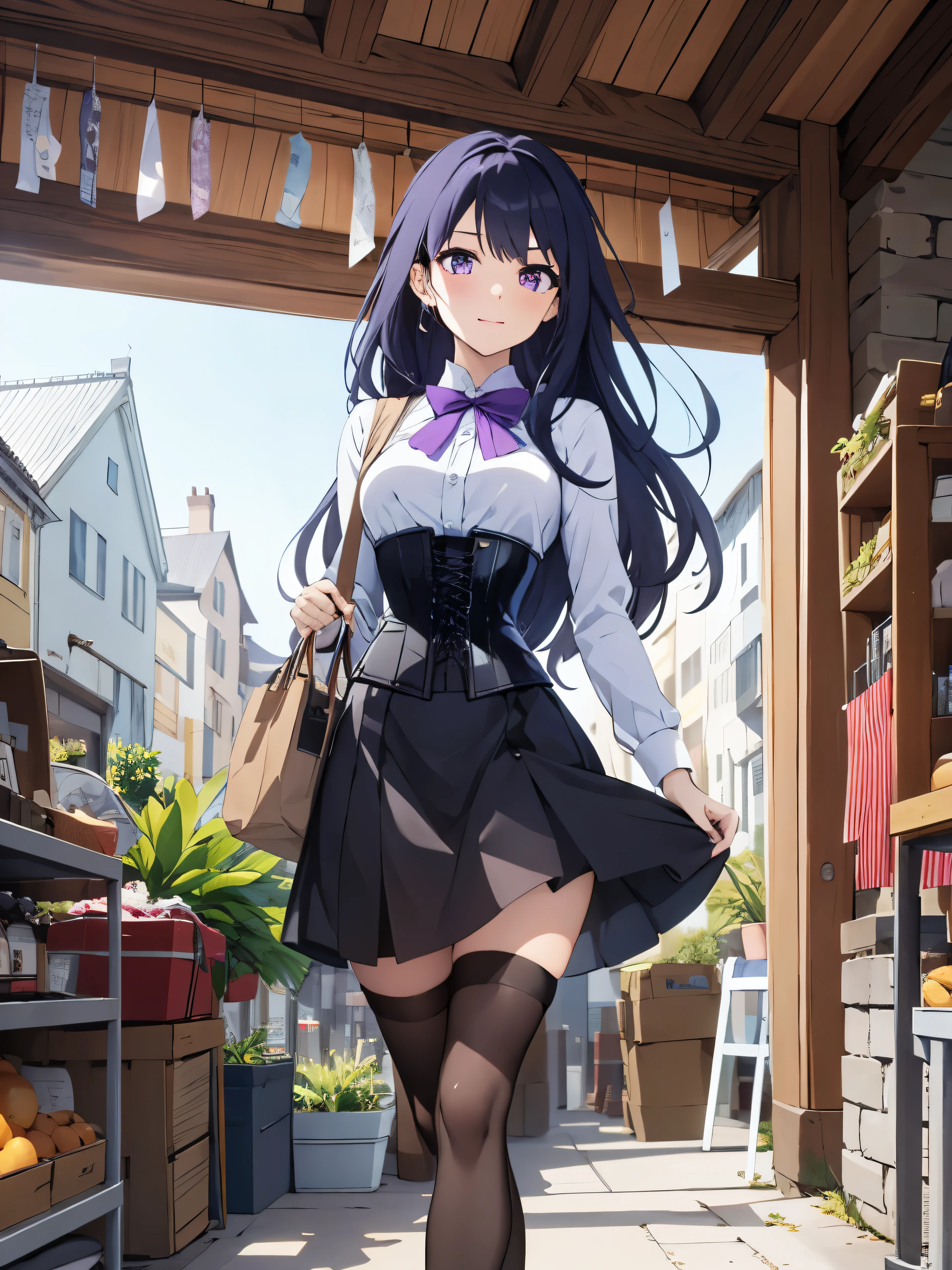 ((masterpiece)), ((best quality)), dawn lighting, (facial details),(((student ))),((black knee socks)),long socks,thigh,corset,(black skirt),white neat shirt
1girl, RaidenMei, solo, beautiful detailed eyes,(purple eyes),raiden purple hair,long hair,anatomy tall,perfect hands,perfect fingers,(detail fingers) look at viewer, walking, wind, market,store,holding brown  bag,vegetable in brown bag, text advert,kanji, people around,black hair people,((morning)),(under roof),body weight 55kg,little smile ,(perfect legs)