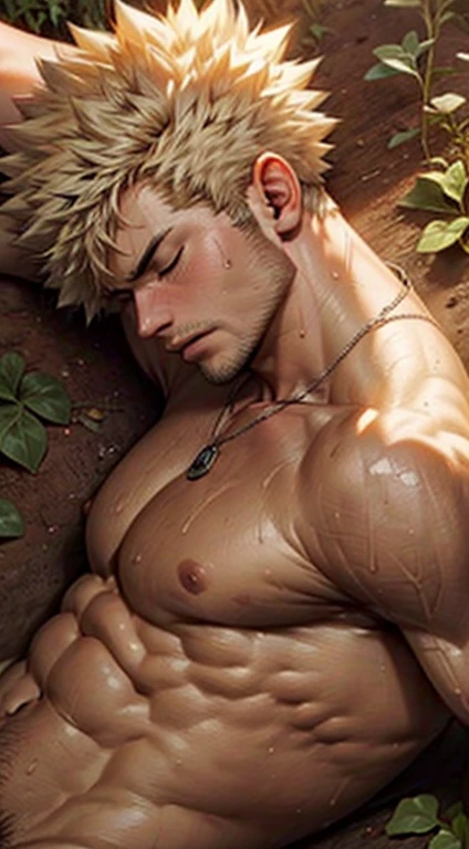 Night time darkness, Muscular bakugou katsuki laying down sleeping on soil and grass top view, relaxed face, naked thick ((penis )), muscular pecs and washboard abs, sweating heavily, wristwatch, necklace, plants growing from soil, dirt on body, blonde stubble, dim night darkness