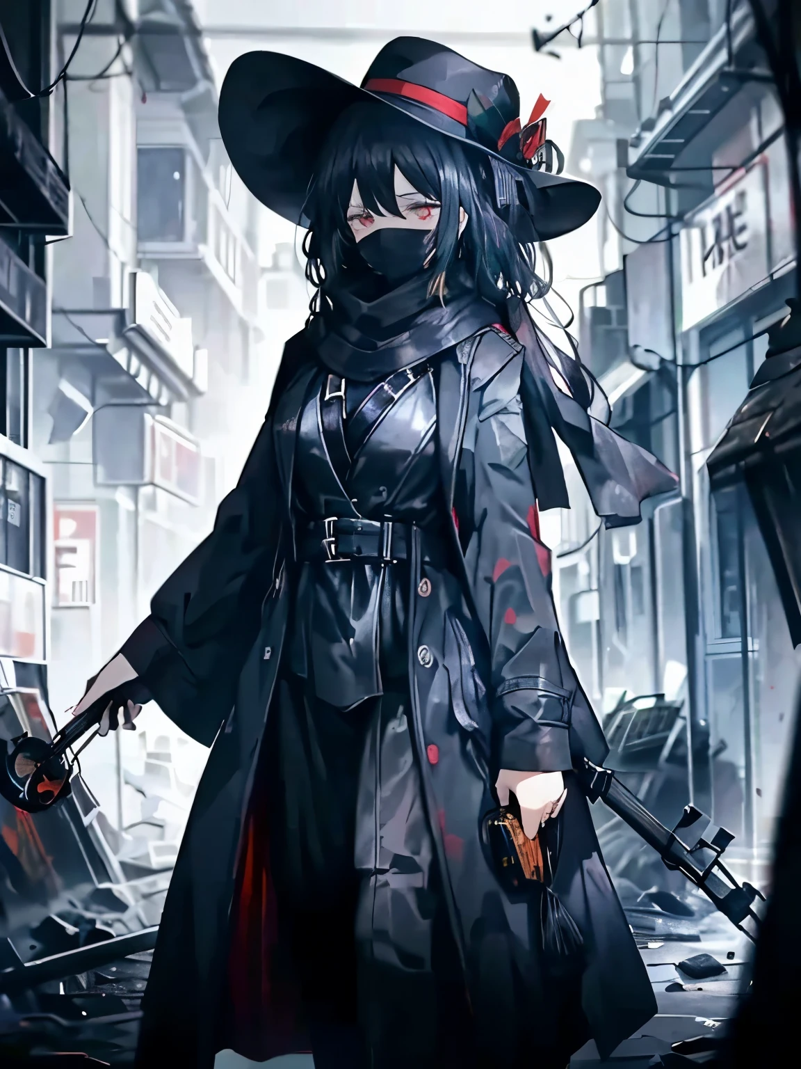 girl，20yr old，black color hair，Qi bangs，red color eyes，Wearing a black French wide-brimmed hat，Wear a black trench coat，Black scarf，Gauze wrapped around the neck，playing violin，Wear a mask