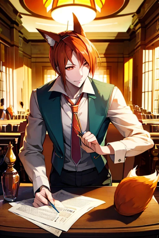 An orange haired man with orange eyes and fox ears is sorting paperwork in  a library.