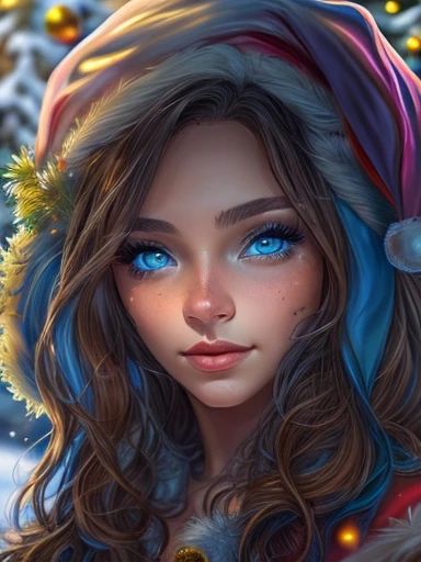 (Hermosa mujer)，Navidad，Un cabello oscuro，Bobsleigh medio，(Vestido con el traje de Santa Claus:1.4), More detailed 8K.motor irreal:1.4,UHD,La mejor calidad:1.4, fotorrealista:1.4, textura de la piel:1.4, obra maestra:1.8,obra-prima, mejor calidad,objeto Objeto], (detailed face features:1.3),(bosque congelado nieve:1.4),posing for camera:1.4), (manos Detallado:1.4),Minifalda roja :1.4), brown hair (((blue eyes))), ana de armas, ((long brown hair with blue eyes)), hair with many details, beautiful neckline, 8k artgerm bokeh, fanart best artstation, render photorealistic girl, art in the style of guweiz, inspired by WLOP, ig model | artgerm, deviantart artstation cgscosiety,  Christmas background