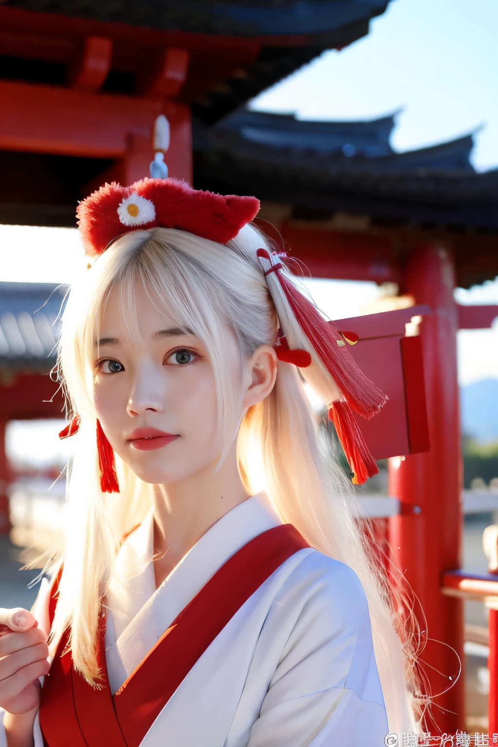 Red-eyed, white-haired fox-faced shrine maiden