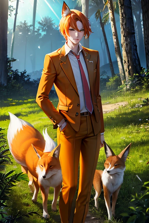 An orange haired man with orange eyes and fox ears is holding a fox in the woods