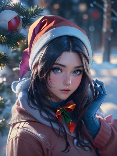 (Adult woman)，Navidad，Un cabello oscuro，Bobsleigh medio，(Vestido con el traje de Santa Claus:1.4), More detailed 8K.motor irreal:1.4,UHD,La mejor calidad:1.4, fotorrealista:1.4, textura de la piel:1.4, obra maestra:1.8,obra-prima, mejor calidad,objeto Objeto], (detailed face features:1.3),(bosque congelado nieve:1.4),posing for camera:1.4), (manos Detallado:1.4),Minifalda roja :1.4), brown hair (((blue eyes))), ana de armas, ((long brown hair with blue eyes)), hair with many details, beautiful neckline, 8k artgerm bokeh, fanart best artstation, render photorealistic girl, art in the style of guweiz, inspired by WLOP, ig model | artgerm, deviantart artstation cgscosiety,  Christmas background