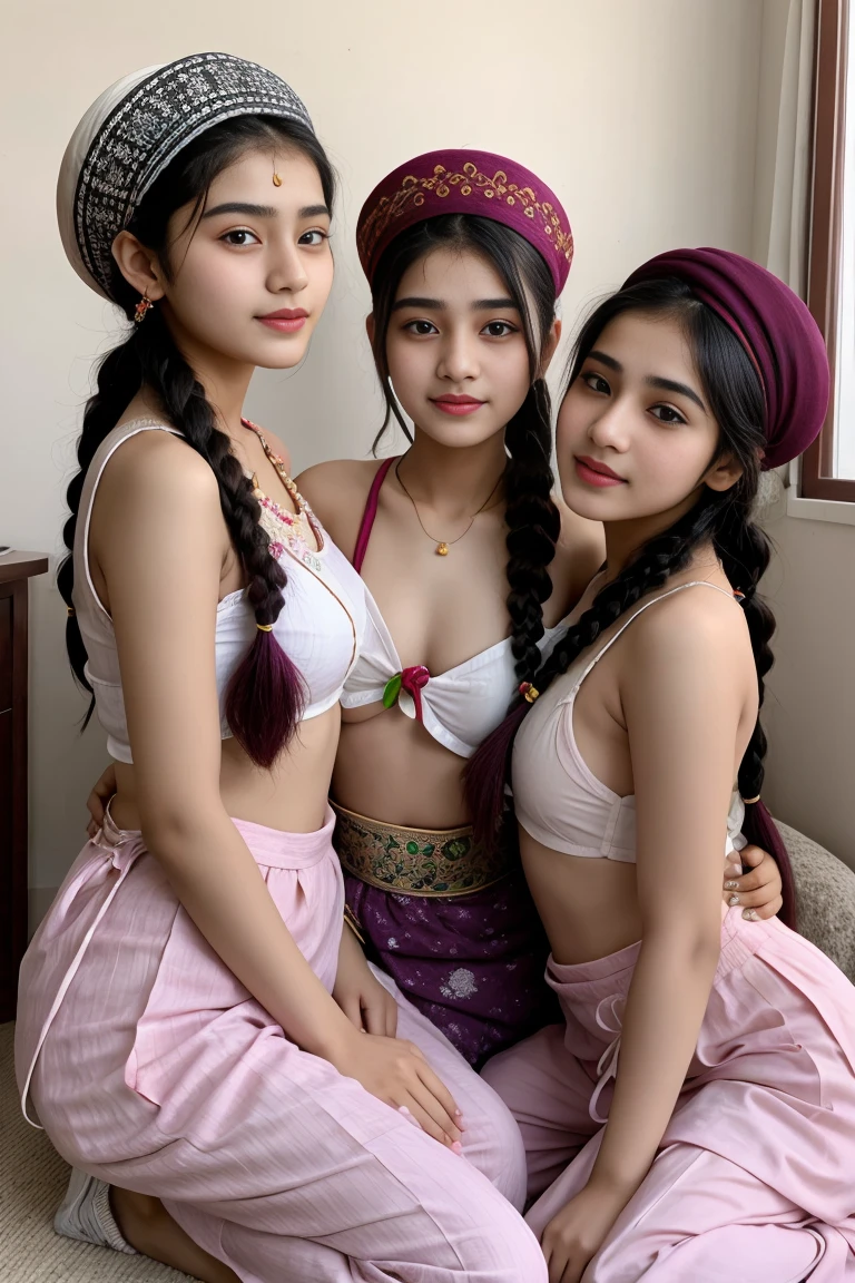 3 cute 18 year old Pakistani sisters, Braided，wearing traditional hat, 翘起, Obscenity ，，plum