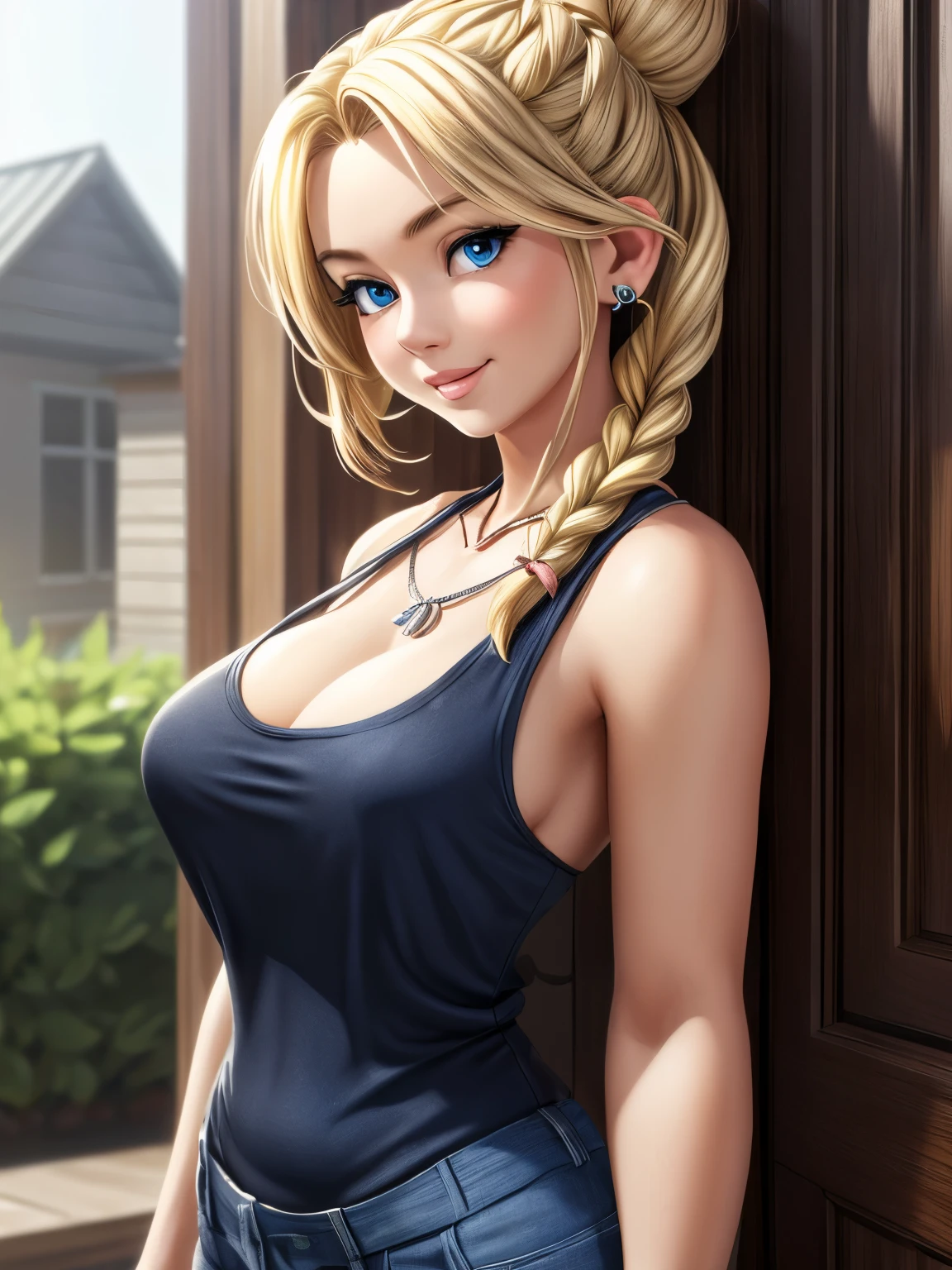 ((ultra quality)), ((tmasterpiece)), gnome girl, Short stature, ((blonde woman, hairlong, braided)), (silver ear rings), (silver necklace around the neck), (Beautiful cute face), (beautiful female lips), Charming, ((sexy facial expression)), looking at the camera smiling softly, eyes are slightly closed, (Skin color: white), Body glare, ((detailed beautiful female eyes)), ((dark blue eyes)), (juicy female lips), (beautiful female hands), (A bit full figure, bun), ((perfect female figure)), perfect female body, Beautiful waist, Gorgeous hips, Beautiful medium breasts, ((Subtle and beautiful)), seductively worth it (close-up of the face), (wearing black jeans, white tanktop) background: on the threshold of the house, Hot day, ((Depth of field)), ((high quality clear image)), (crisp details), ((higly detailed)), Realistic, Professional Photo Session, ((Clear Focus)), the anime