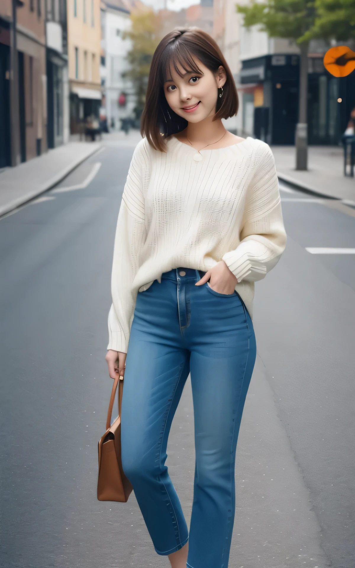 masutepiece, Best Quality, 8K, 1 girl, 20 yo, Closed mouth, Smile, Full body, (Full body:1.4), Solo, Cute, Girly, Delicate girl, Neat and clean beauty, Raw photo, Professional Photography, Portrait, Soft light, Professional Lighting, Back lighting, Look away, looking at away, Sophisticated, Film grain, (Eyes and faces with detailed:1.0), Short-length floating hair, Beautiful flowing hair, Bangs, Sweaters, Jeans pants