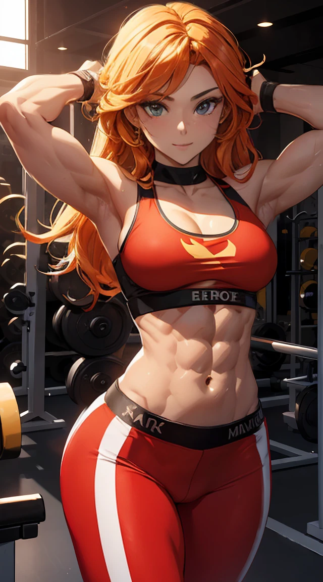 1girl, big boobs, sexy, horny, green eyes, orange long hair pigtails, standing in sexy pose, wearing fitness costume, gym background
