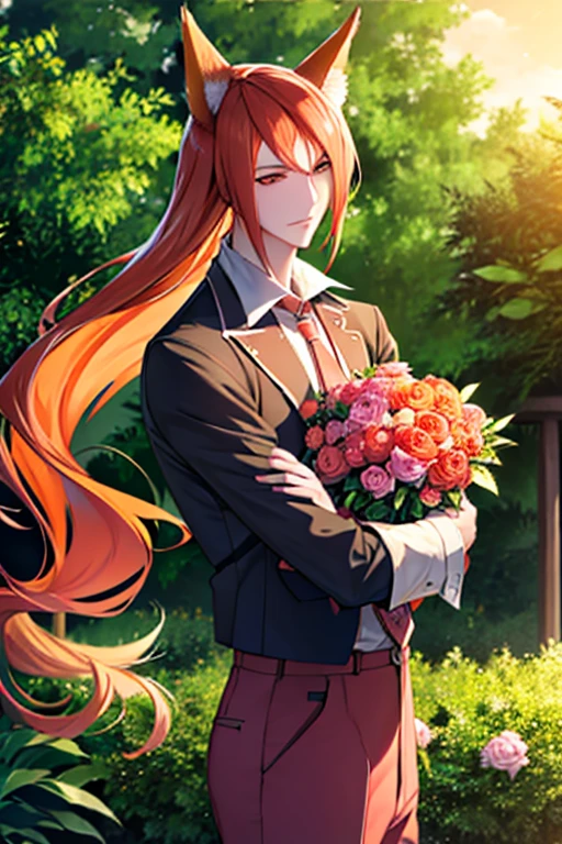 An orange haired man with orange eyes and fox ears is holding a pink peony in a garden