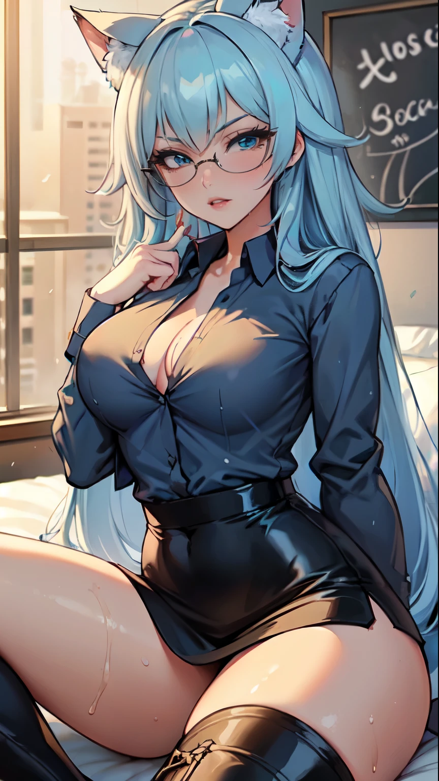 Nsfw, Masterpiece, beautiful art, professional artist, 8k, art style by sciamano240, very detailed face, detailed hair, detailed clothes, detailed fabric, 1girl, perfectly drawn body, beautiful face, long hair, light blue hair , very detailed blue cat eyes, wearing office clothes, open shirt, black thigh boots, pencil skirt, glasses, looking angrily over glasses, pouty lips , rosey cheeks, office setting, detailed background, blackboard, laying on bed , show details in eyes, upclose view, looking at viewer, sultrt expression, spread their legs, wet, open their shirt,