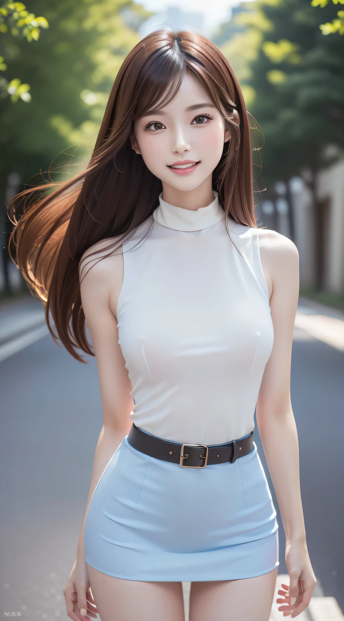 (Best Quality, 32K, nffsw:1.2), (Realistic:1.5),,(Refreshing smile:1.2),(,cute and beautiful Japanese, (mahogany straight thin hair:1.2), , (Detailed beautiful girl:1.4), (light blue high neck sleeveless), (micro skirt:1.5), high-heels;1.3), detailed clothes, embarrassed laughing:1.2, lightsmile:1.35, Looking at Viewer, Facing the viewer, ((Perfect female body)), (Narrow waist:1.05), (Bust Up Portrait:1.3), slender, ((Frame the head)), Wind, Dynamic Pose, Cinematic Light, Back Light, detailed human body, perfectly proportions, 8K, masutepiece, Best Quality,