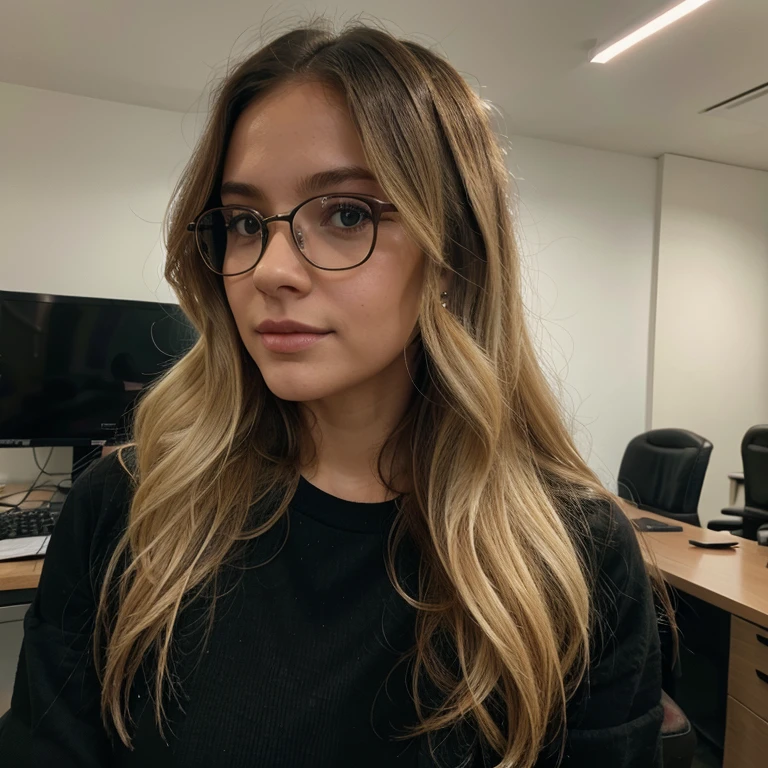 a close up of a white colombian girl aged 26, wavy long blonde  hair, profile pic, without glasses, profile photo, she has a cute face, profile image, working at office, portait photo profile picture, !!wearing modern glasses!!, selfie of a young woman, thick glasses, 25 years old, cute beautiful