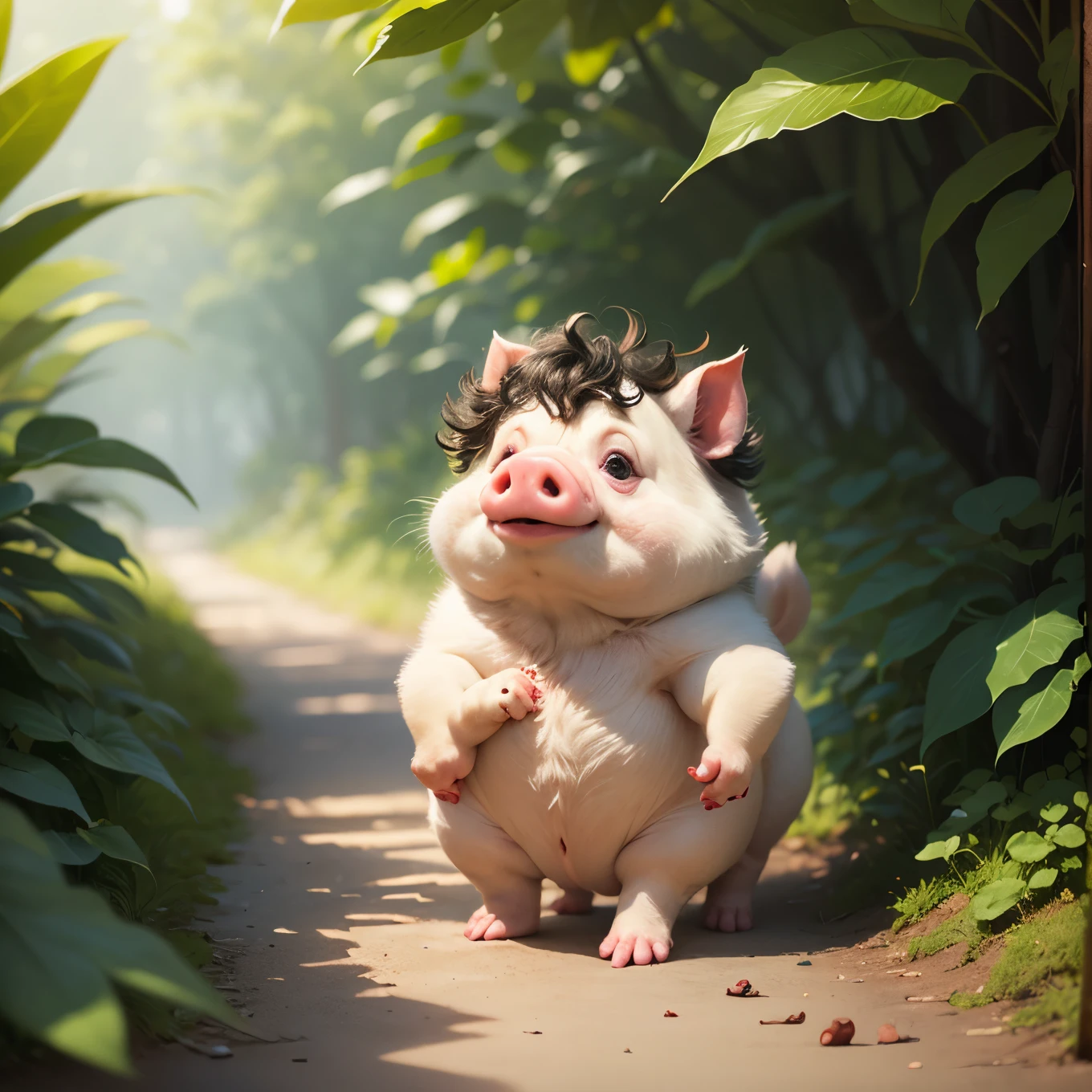 very happy big babypiggy in jungle beach, cartoon Ghibli studio style, blurred background --auto --s2
