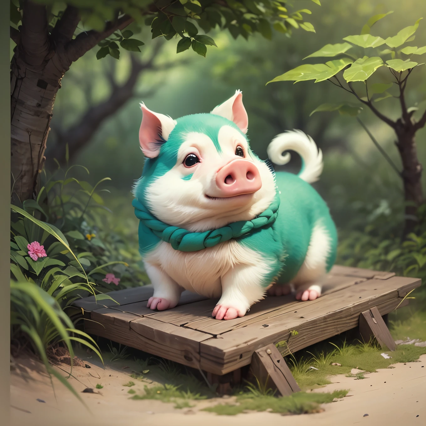 very happy big babypiggy in jungle beach, cartoon Ghibli studio style, blurred background --auto --s2