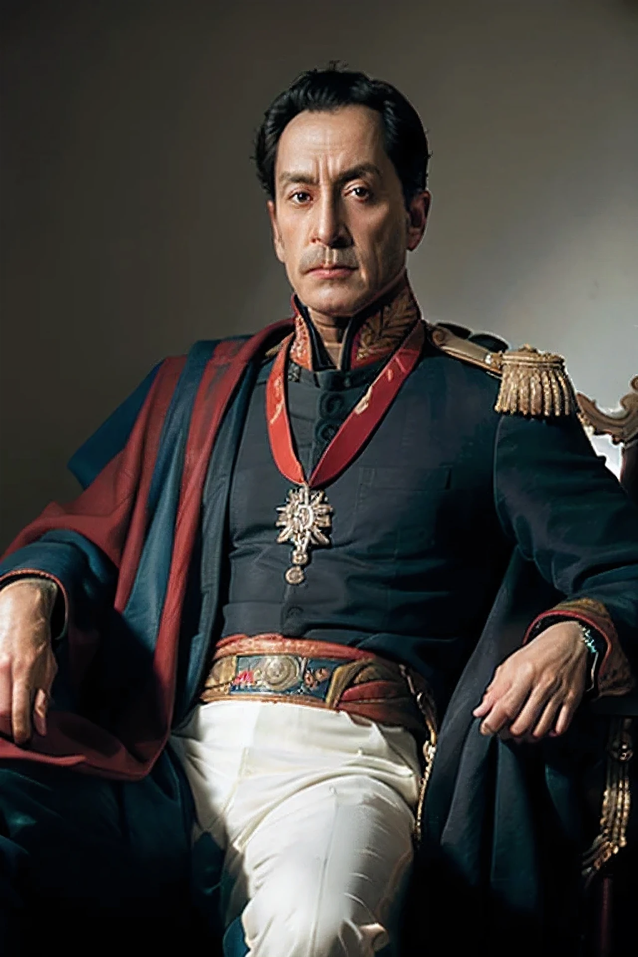 Foto RAW de simonbolivar, cabello negro, Sentado, medalla, Costumbre militar, espada, Antiguo asiento ornamental en la parte trasera, 8k, ((Obra maestra)) scowling