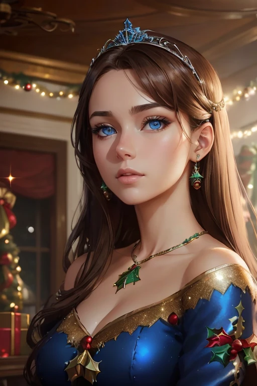 ((A happy woman with blue eyes and long brown hair wearing a beautiful red christmas gown and a tiara)), standing with in a christmas living room, hair with many details, 8k artgerm bokeh, fanart best artstation, render photorealistic, guweiz-style art, inspired by WLOP, ig model | artgerm, detailed waist up portrait, stunning wait up portrait of realistic face, beautiful waist up portrait, deviantart artstation cgscosiety, cinematic realistic portrait, high quality portrait, elegant digital painting, photorealistic artstyle, ((Christmas living room background)), looking at camera