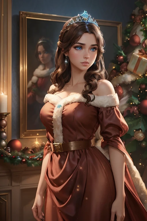 ((A woman with blue eyes and brown hair wearing a christmas gown and a tiara)), standing with in a christmas living room, hair with many details, 8k artgerm bokeh, fanart best artstation, render photorealistic, guweiz-style art, inspired by WLOP, ig model | artgerm, detailed waist up portrait, stunning wait up portrait of realistic face, beautiful waist up portrait, deviantart artstation cgscosiety, cinematic realistic portrait, high quality portrait, elegant digital painting, photorealistic artstyle, ((Christmas living room background))