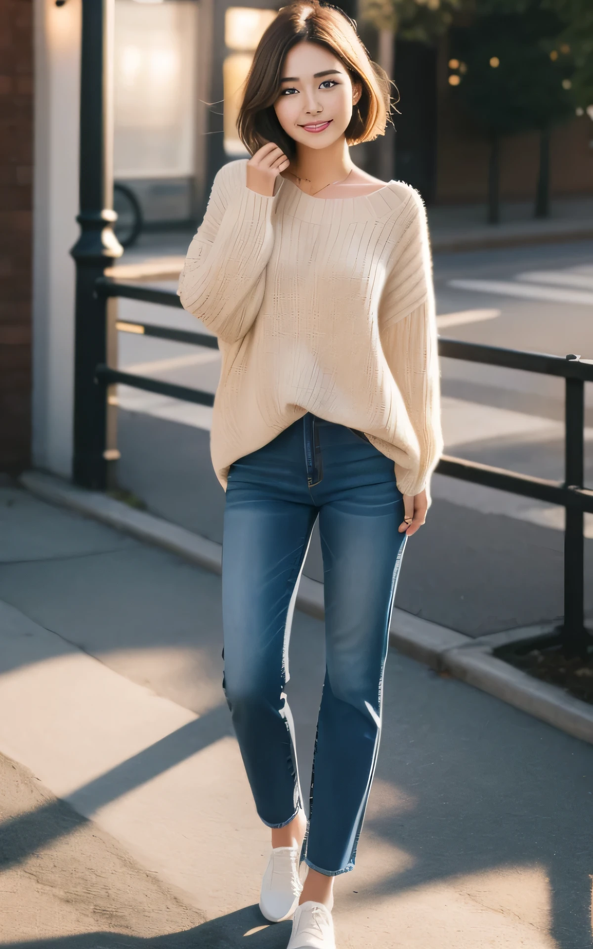 masutepiece, Best Quality, 8K, 1 girl, 20 yo, Closed mouth, Smile, Full body, (Full body:1.4), Solo, Cute, Girly, Delicate girl, Neat and clean beauty, Raw photo, Professional Photography, Portrait, Soft light, Professional Lighting, Back lighting, Look away, looking at away, Sophisticated, Film grain, (Eyes and faces with detailed:1.0), Short-length floating hair, Beautiful flowing hair, Sweaters, Jeans pants