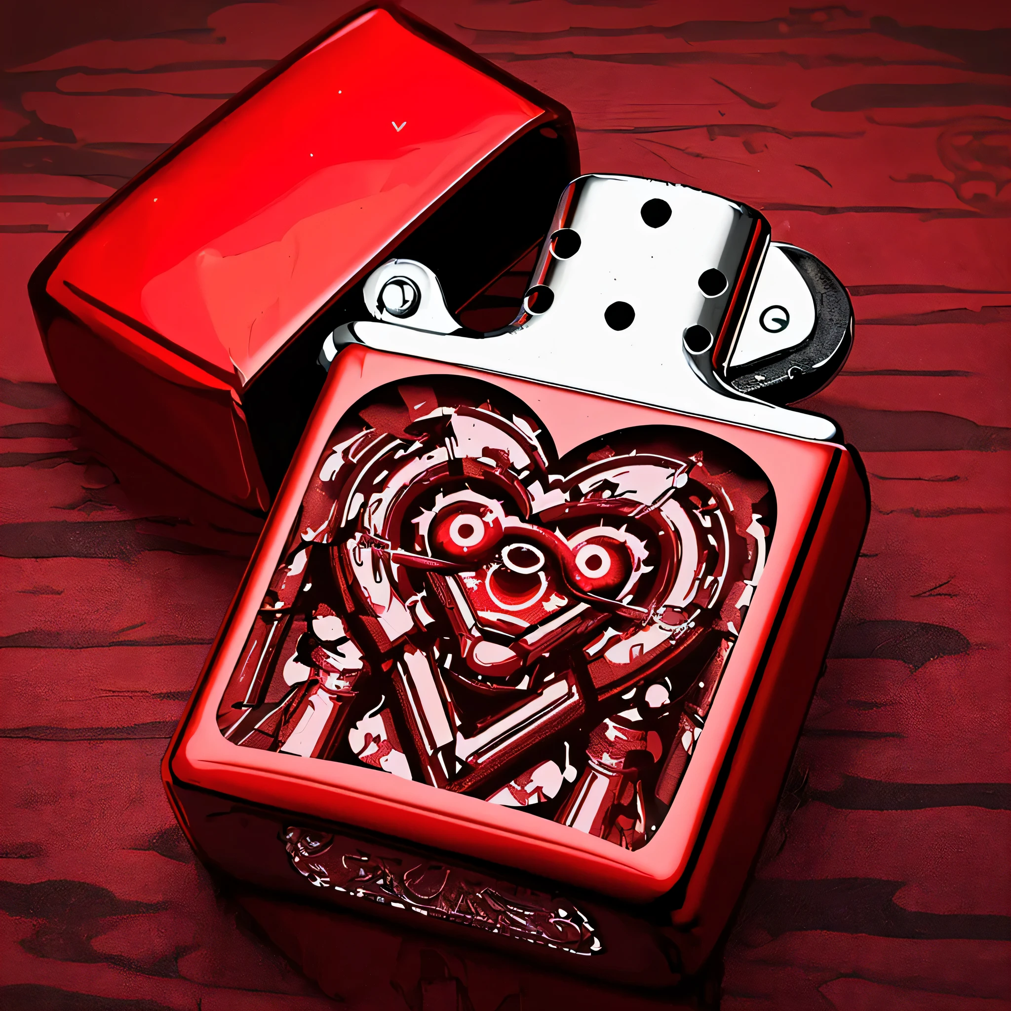Red Zippo lighter with heart-shaped notches, 2D, Estilo anime, estilo de arte anime